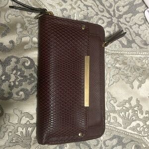 Clutch with card and removable change purse. Deep maroon
